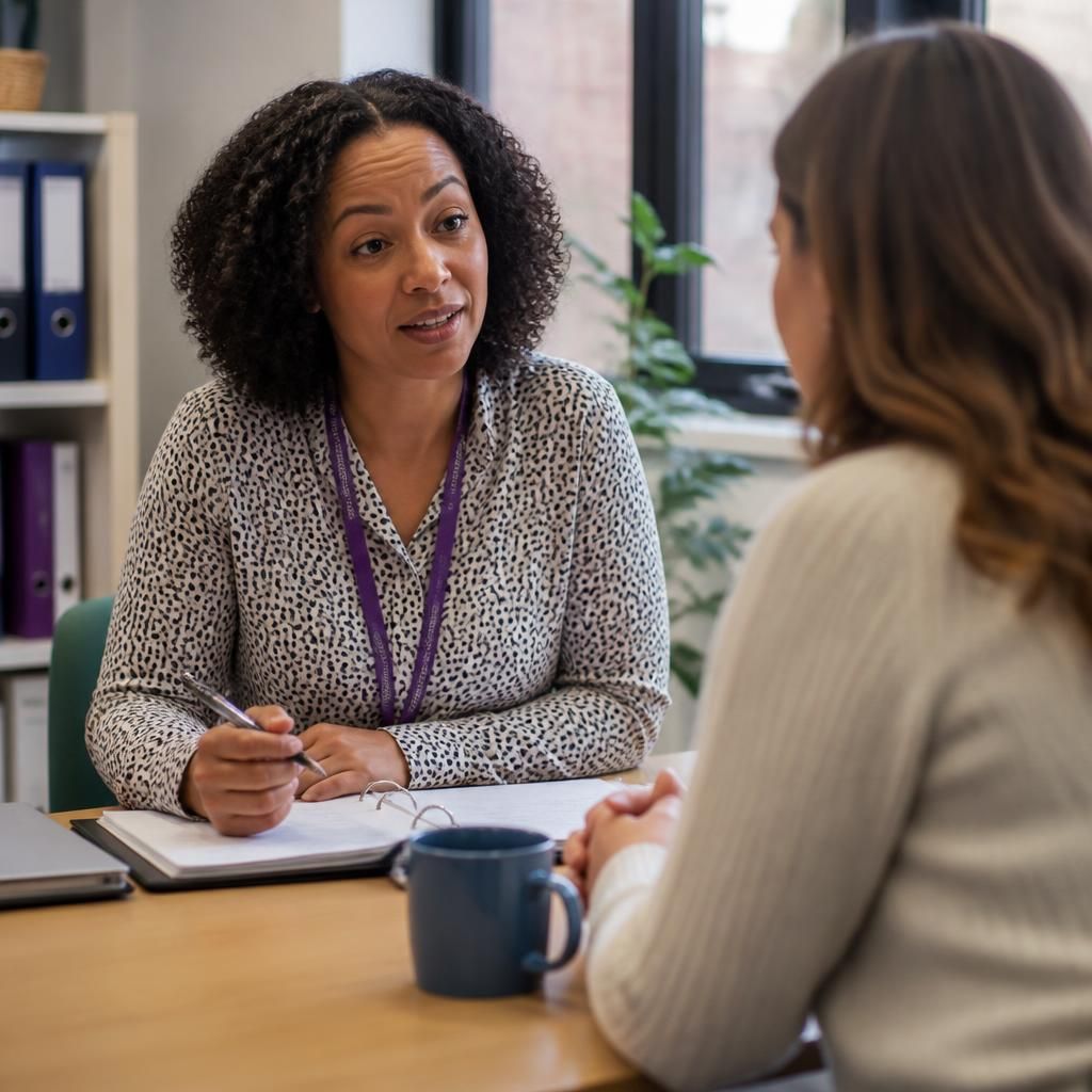 Prospective foster carer speaking with a recruitment adviser during an application discussion