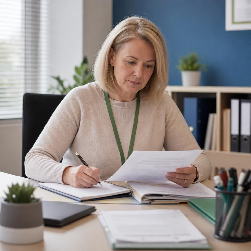 Foster care specialist reviewing guidance documents and making notes at a desk