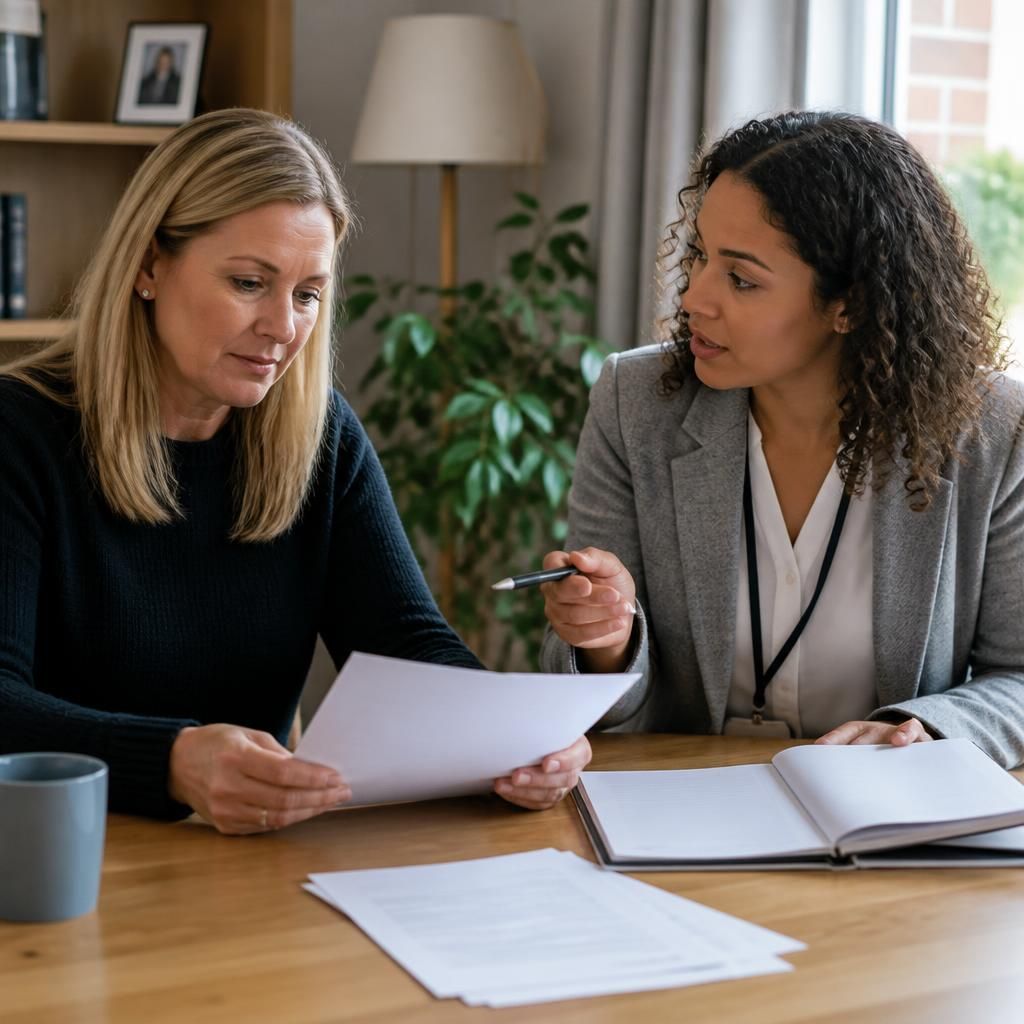 Foster carer reviewing payment information with a social worker