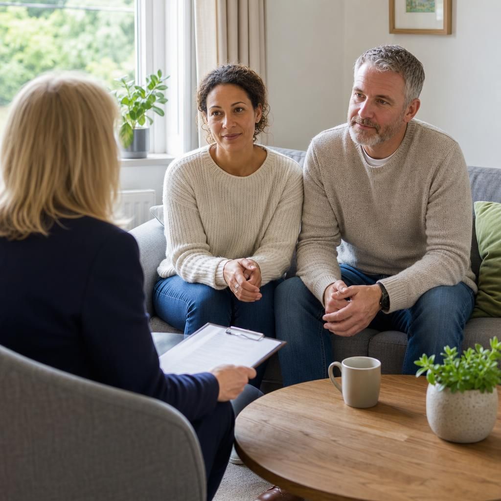 Foster carer applicants speaking with an independent fostering assessor at home