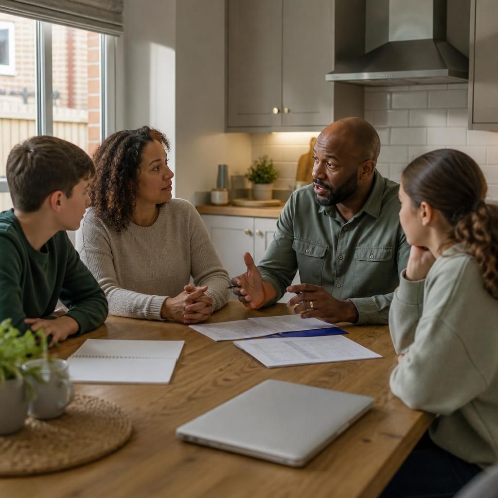 Foster family discussing household routines around a kitchen table