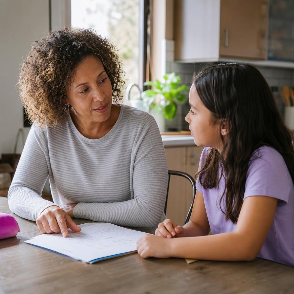 Foster carer and child discussing plans at a kitchen table