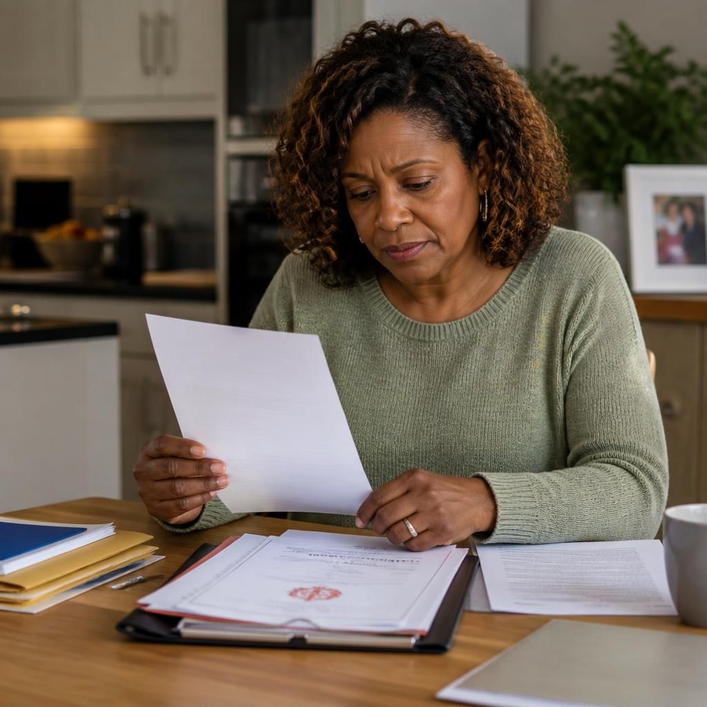 Kinship carer reviewing a court order and care documents at a table