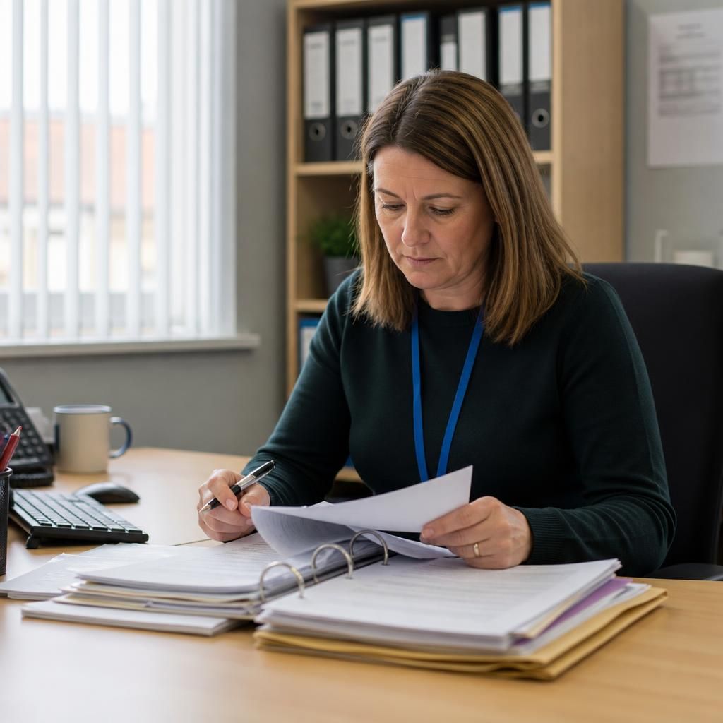 Registered manager reviewing fostering agency records at a desk