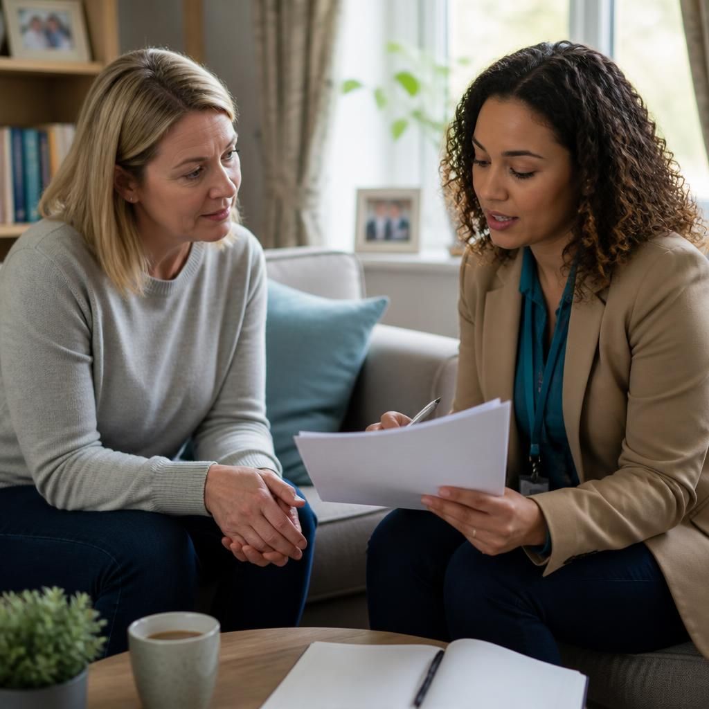 Foster carer discussing application paperwork with a social worker at home