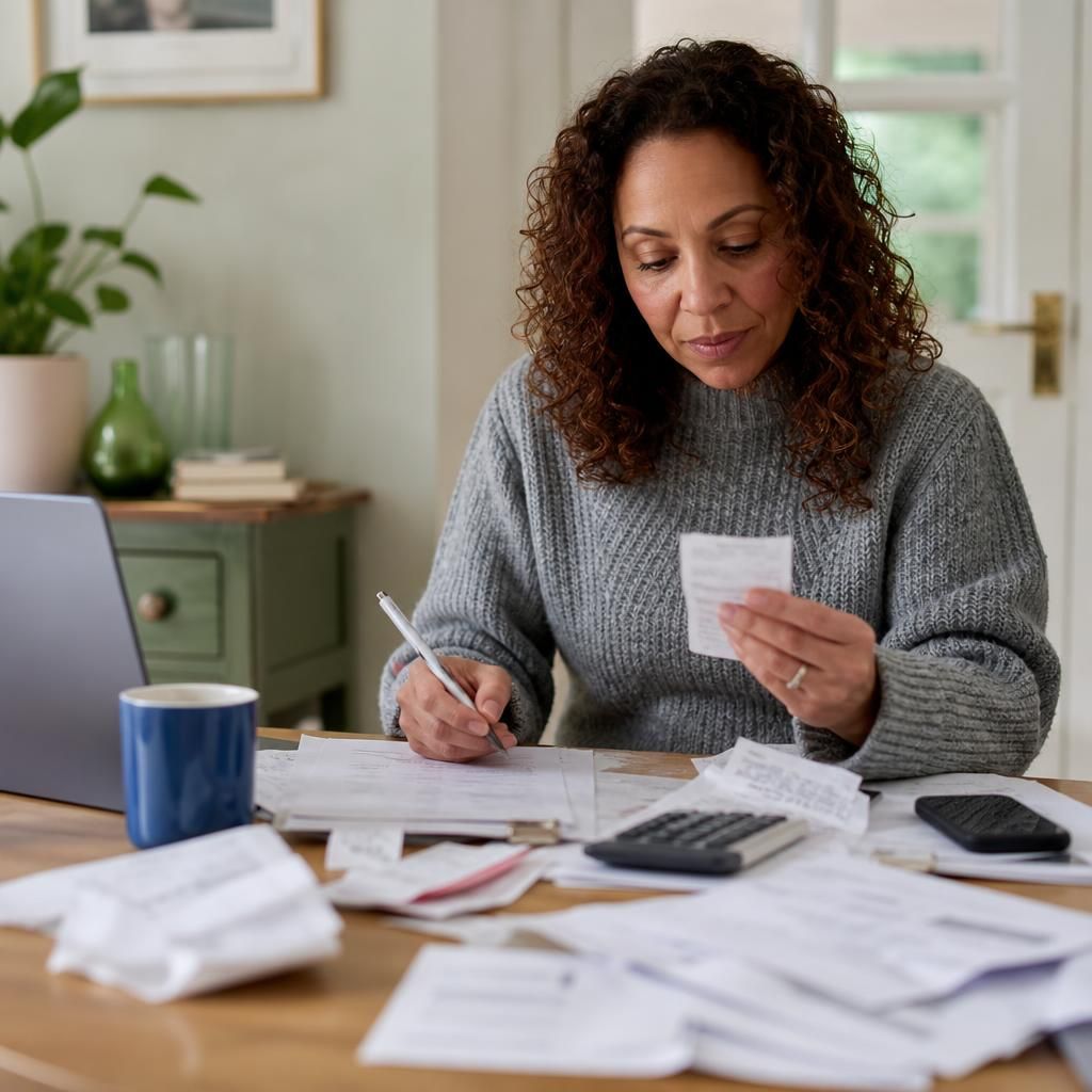 Foster carer sorting receipts and household expense records at a table