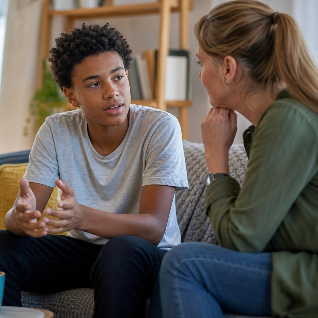 Teenager talking with a foster carer at home