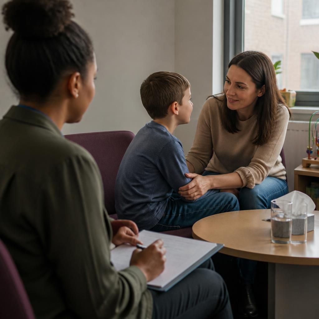Social worker observing a child and parent meeting in a family contact room