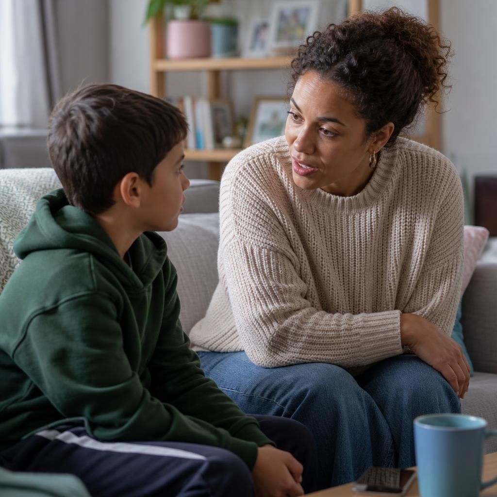 Foster carer talking with a child in a family home