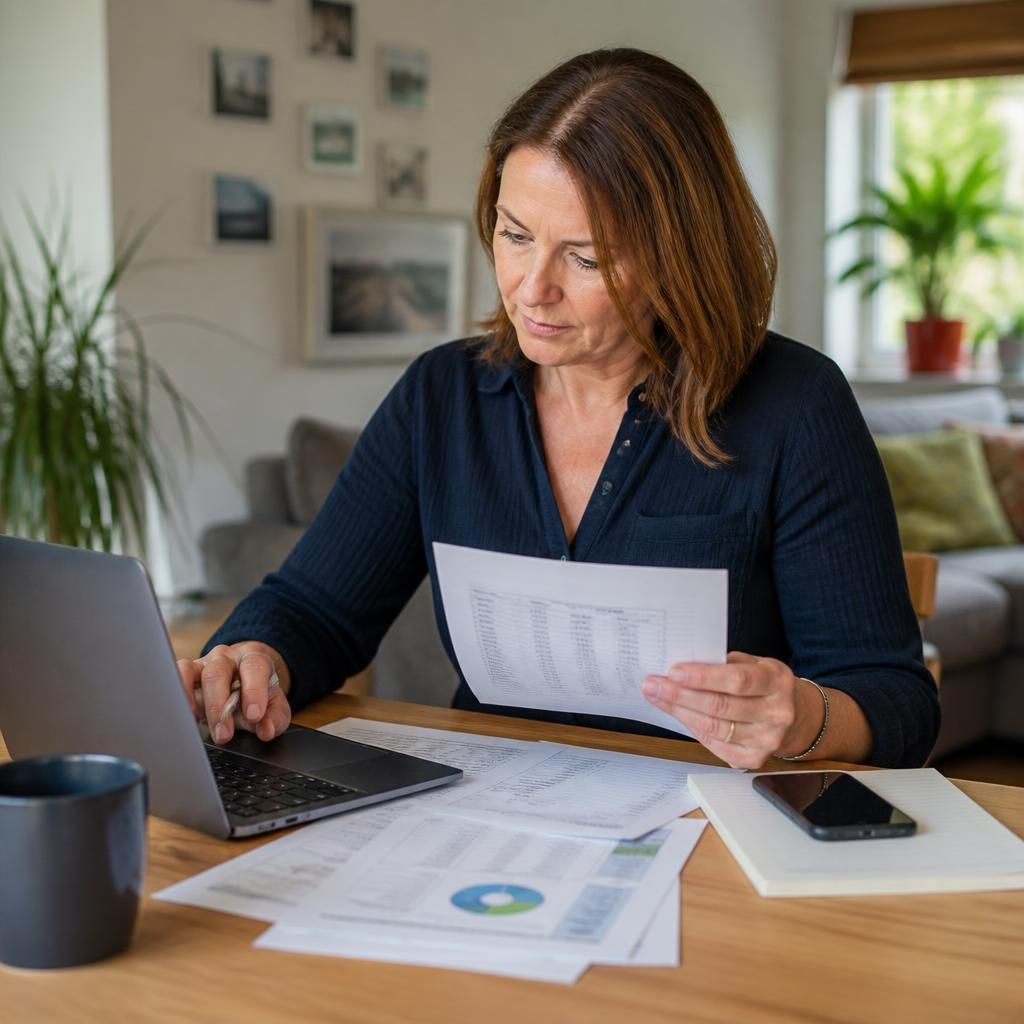 Foster carer reviewing placement payment records and tax documents at home