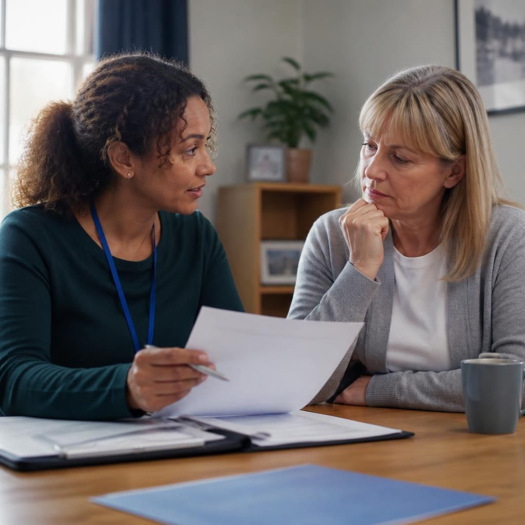 Social worker and family member discussing foster care assessment documents