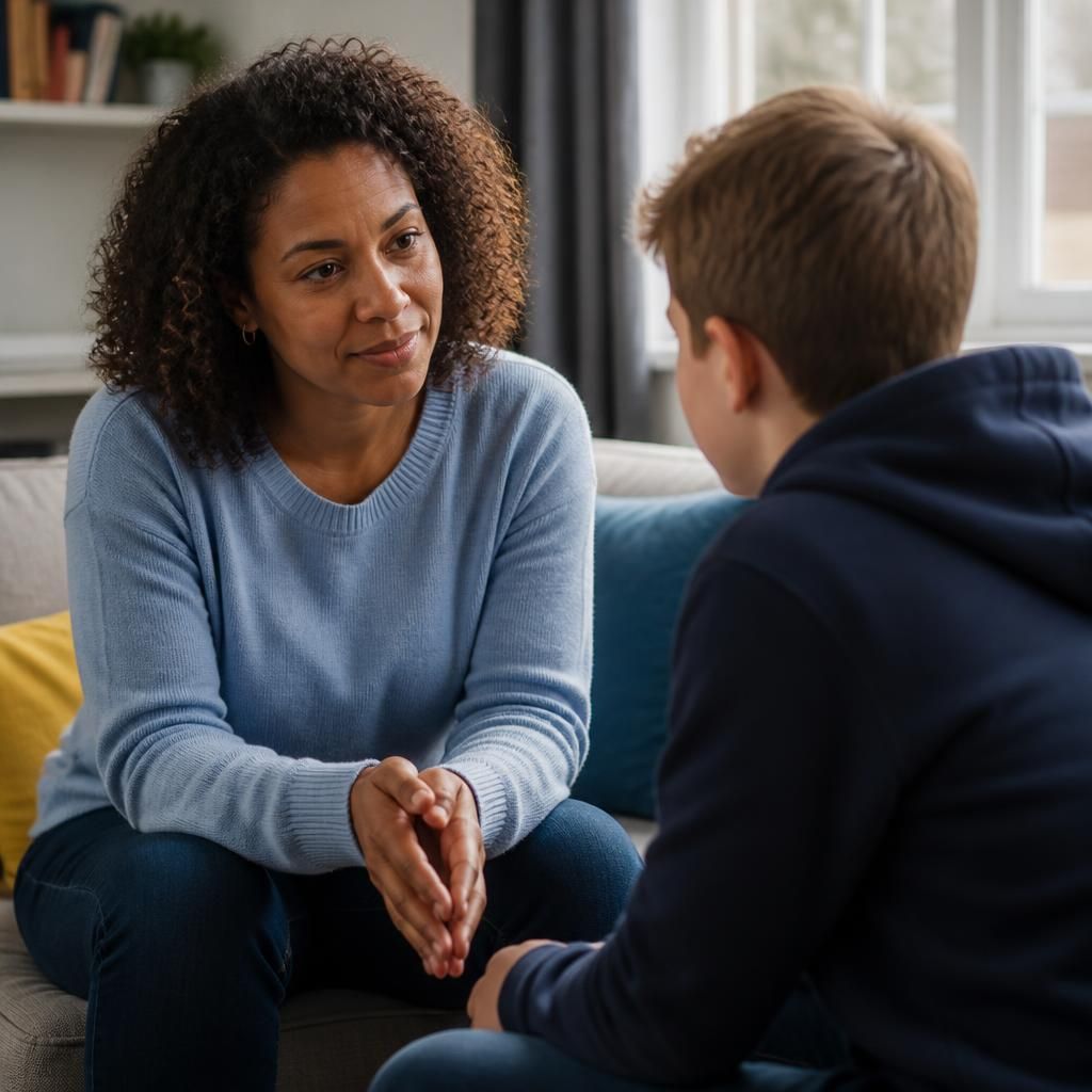 Foster carer speaking calmly with a child in a home setting