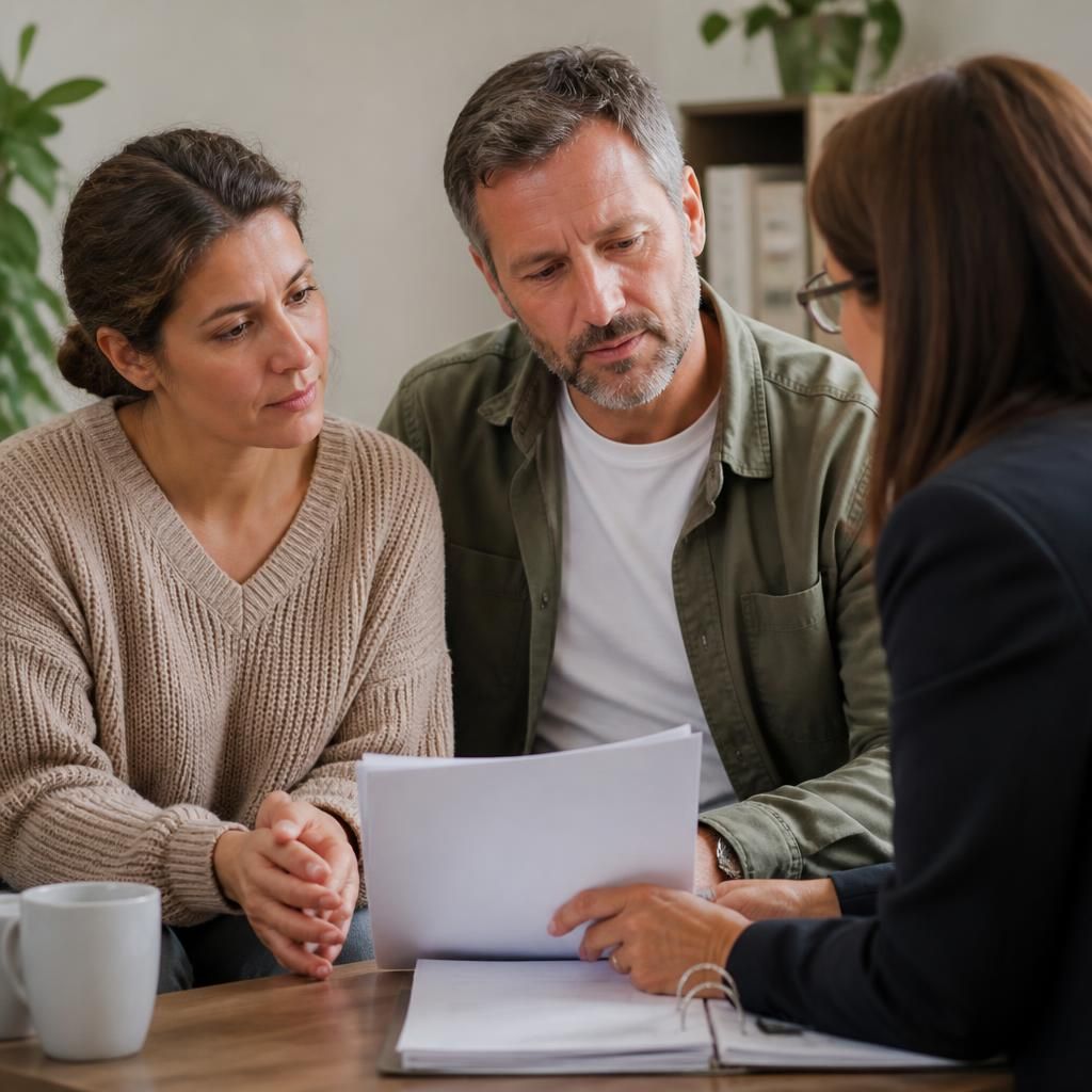 Foster carers reviewing placement documents with a social worker