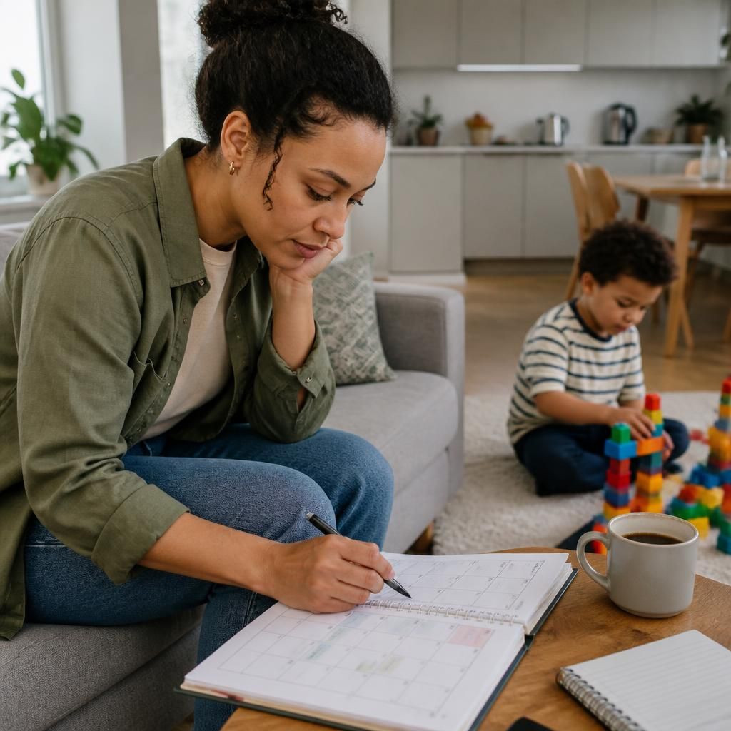 Single parent reviewing a weekly calendar while a child plays nearby