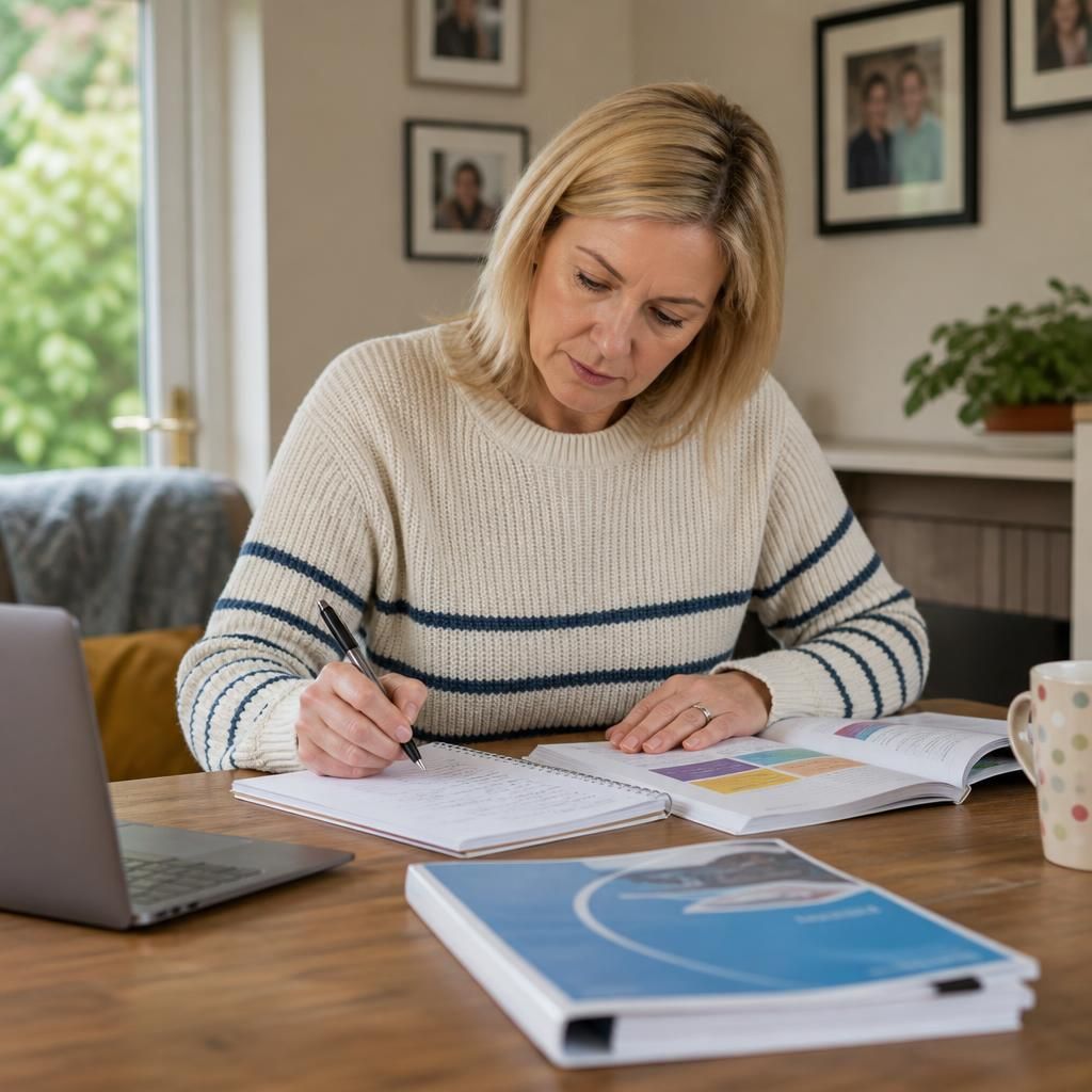 Foster carer reviewing notes and training materials at home