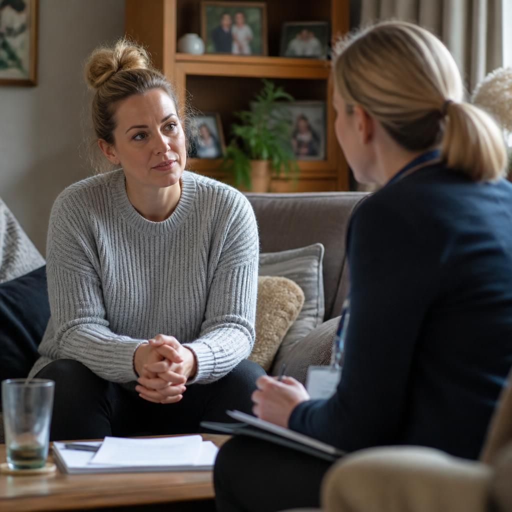 Single foster parent discussing a child’s care with a social worker at home