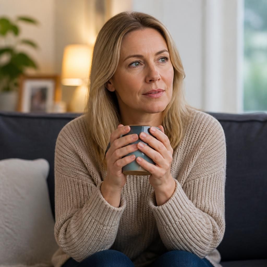Foster parent sitting thoughtfully at home with a cup of tea