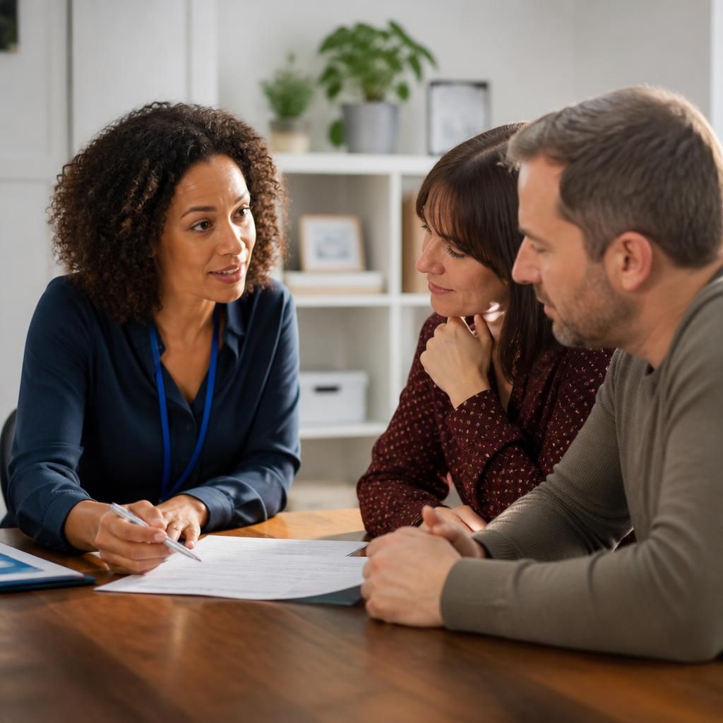 Social worker discussing foster to adopt paperwork with prospective carers