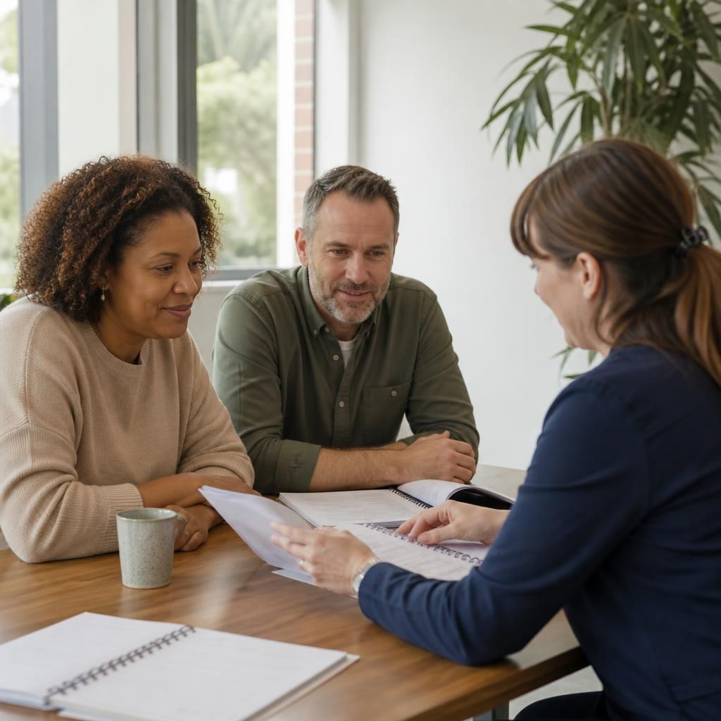 Foster carers discussing training materials with a trainer at a table
