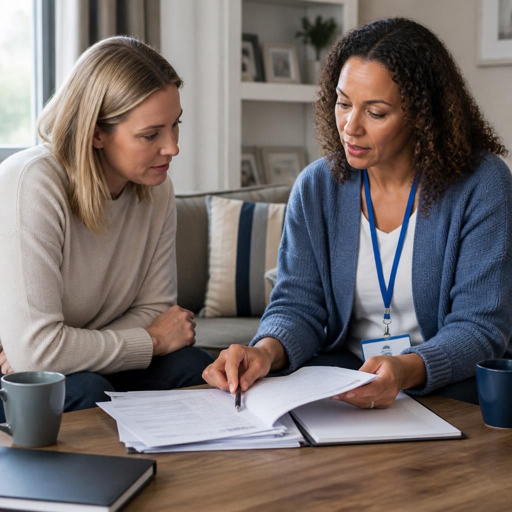 Foster carer and social worker reviewing placement documents