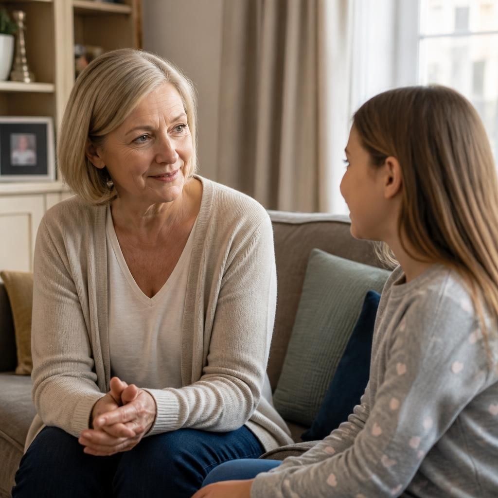Mature adult speaking with a child in a welcoming home