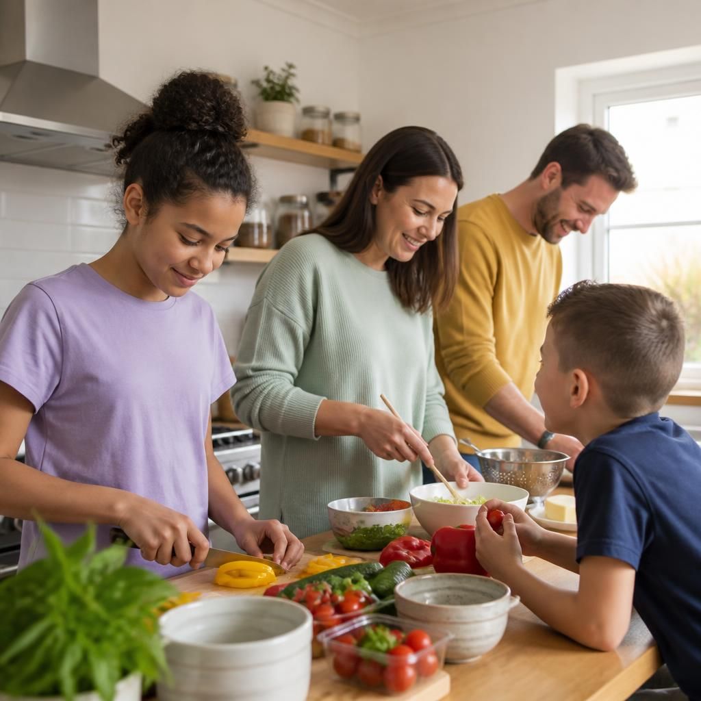 Adults and children preparing a meal together in a family kitchen