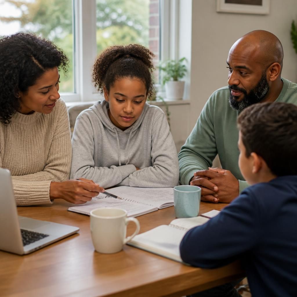 Family members reviewing a fostering plan together at a table
