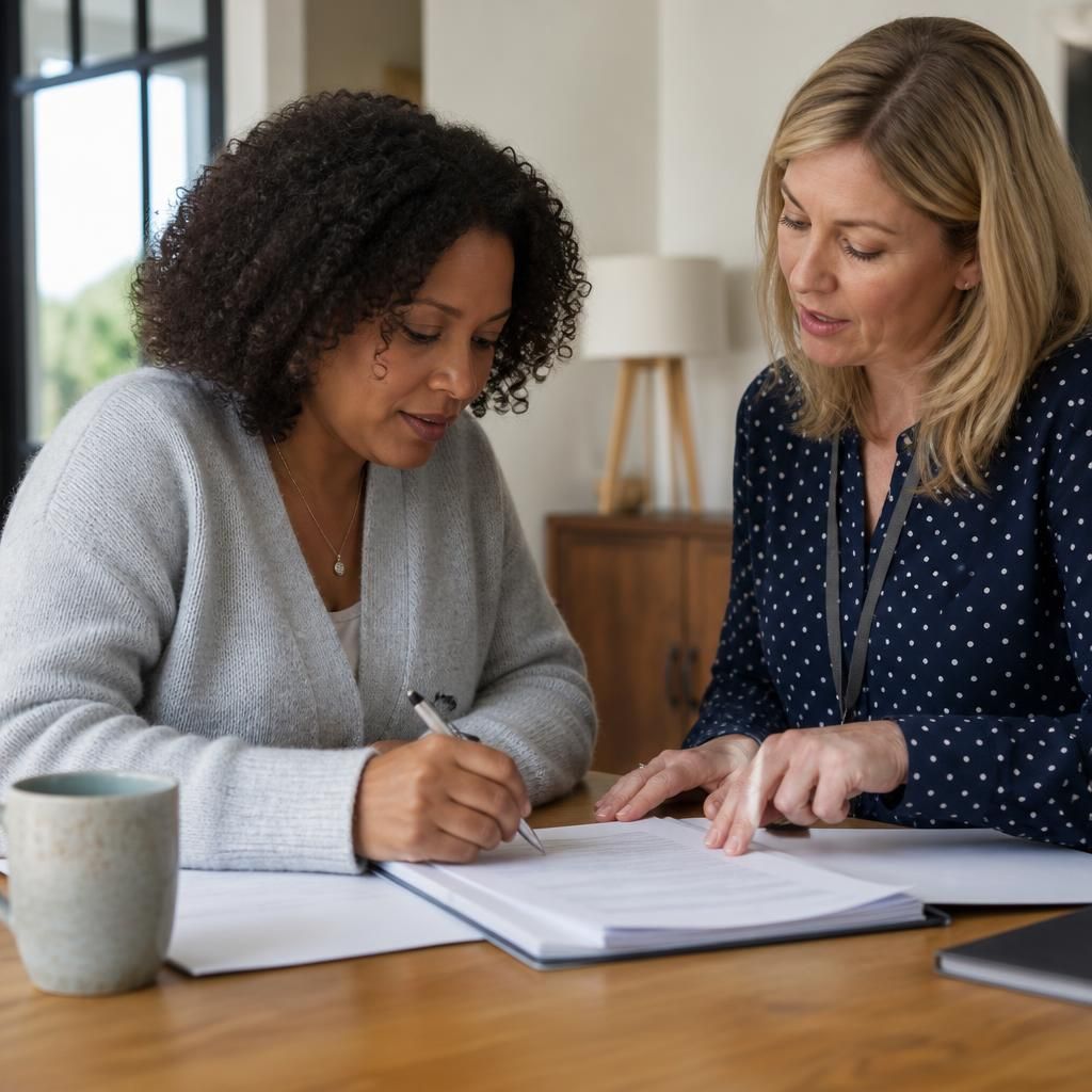 Foster carer completing assessment paperwork with a social worker