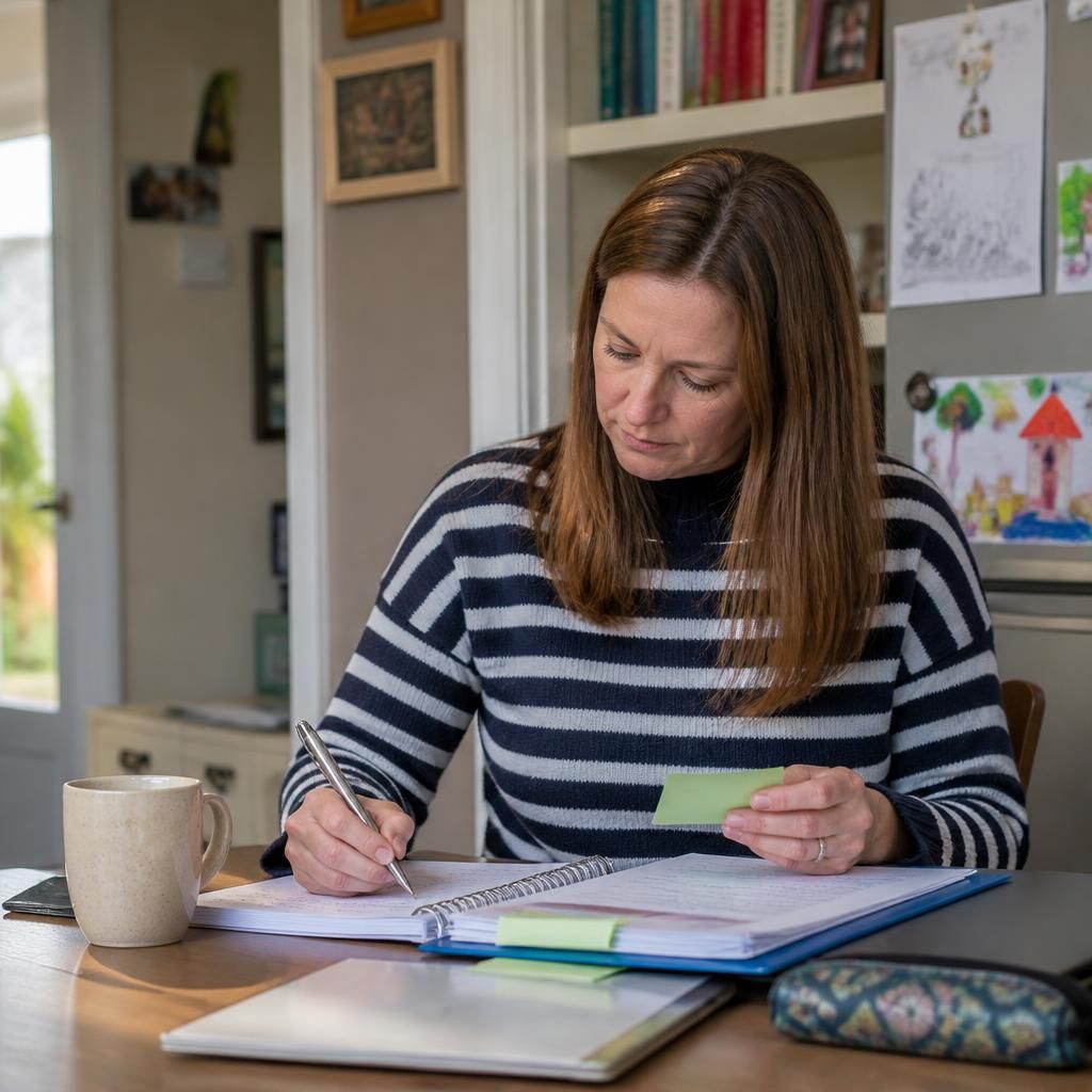 Carer organising household notes and family belongings