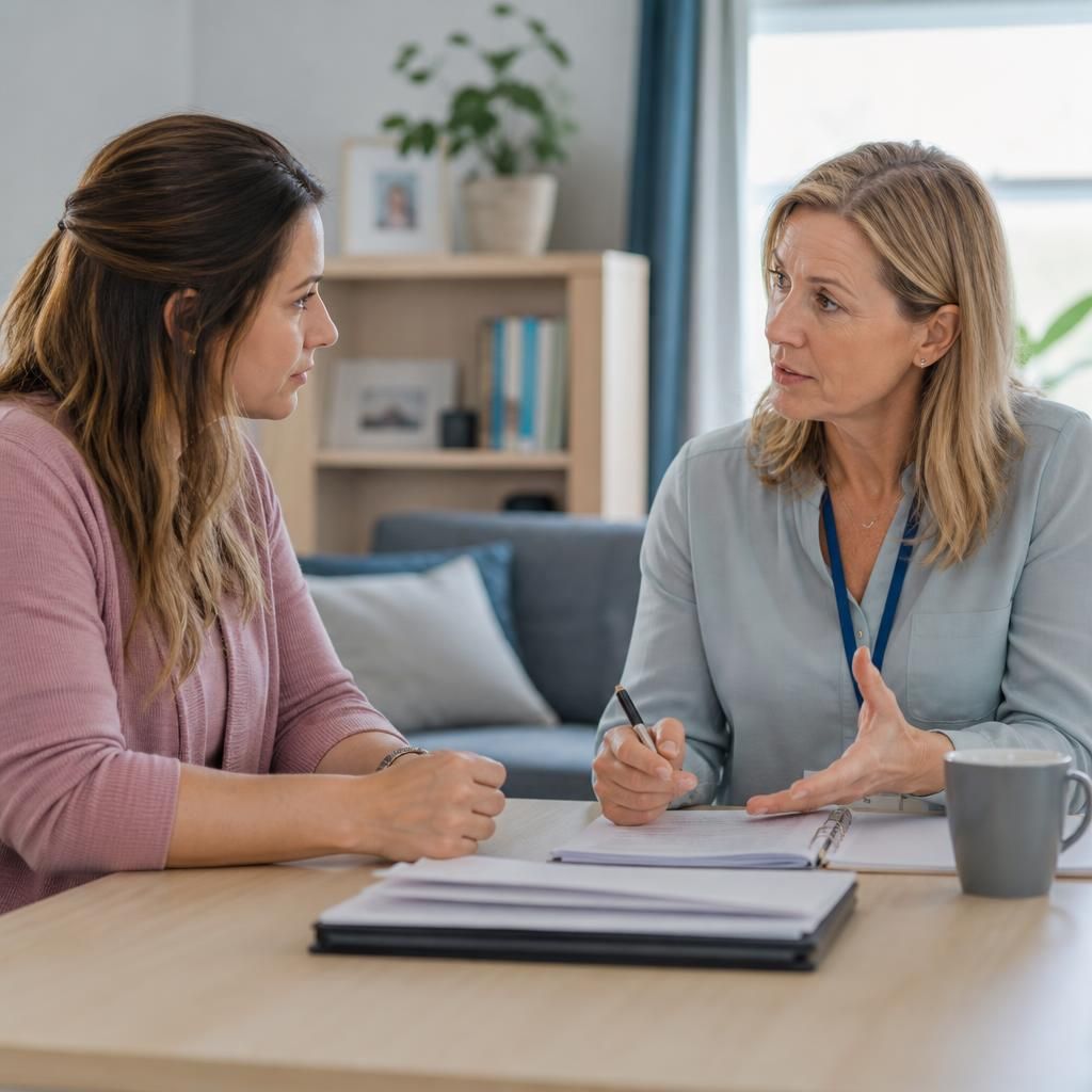 Prospective foster carer discussing agency requirements with a fostering adviser