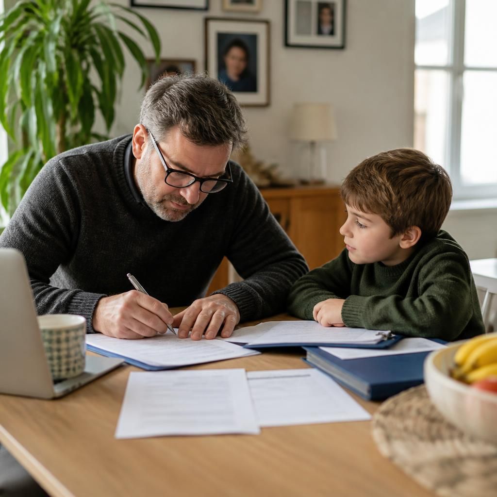 Kinship carer completing fostering paperwork with a child nearby