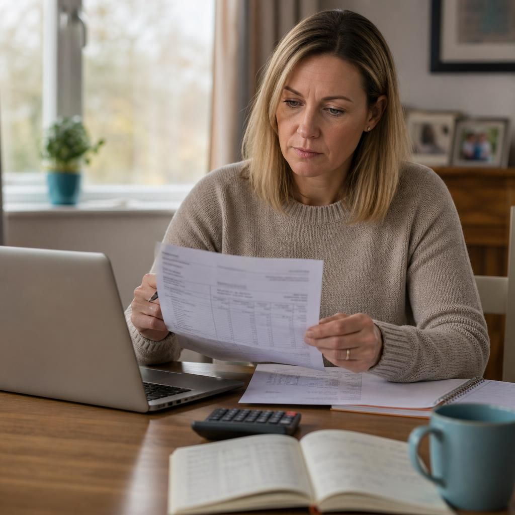 Foster carer reviewing a payment statement beside a calculator and bank records
