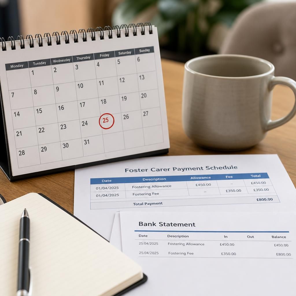 Monthly calendar beside a foster carer payment schedule and bank statement