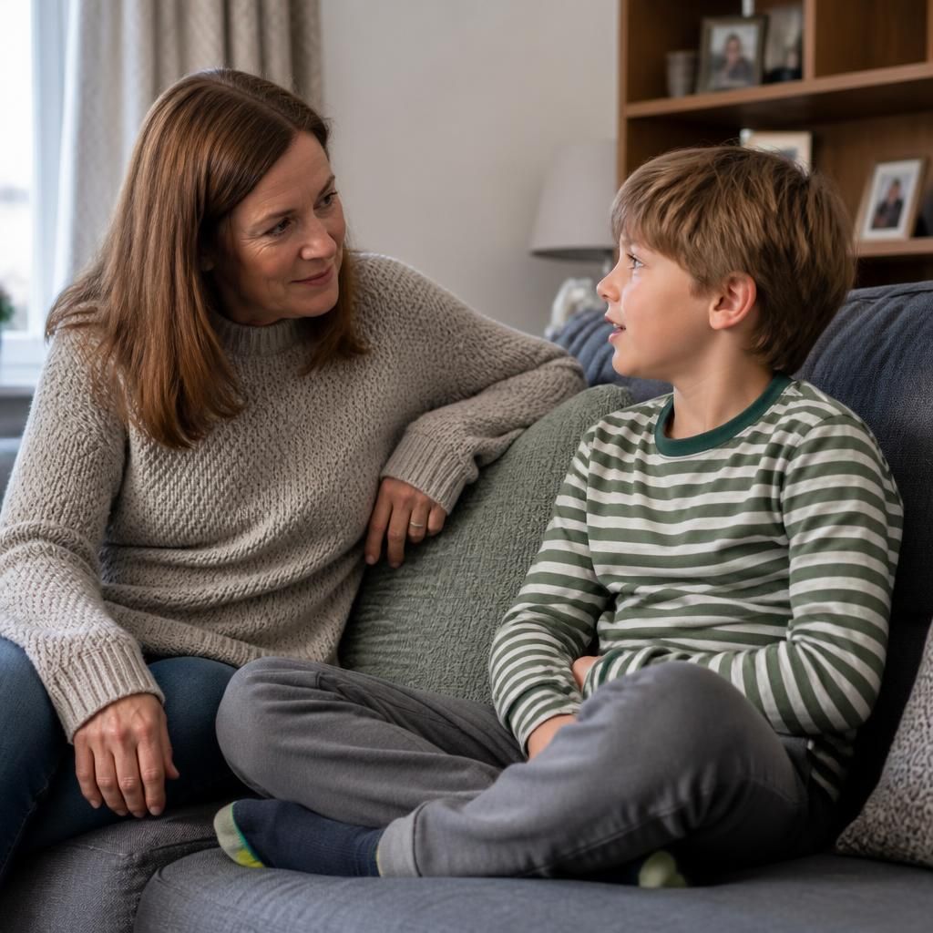 Relative and child talking together at home