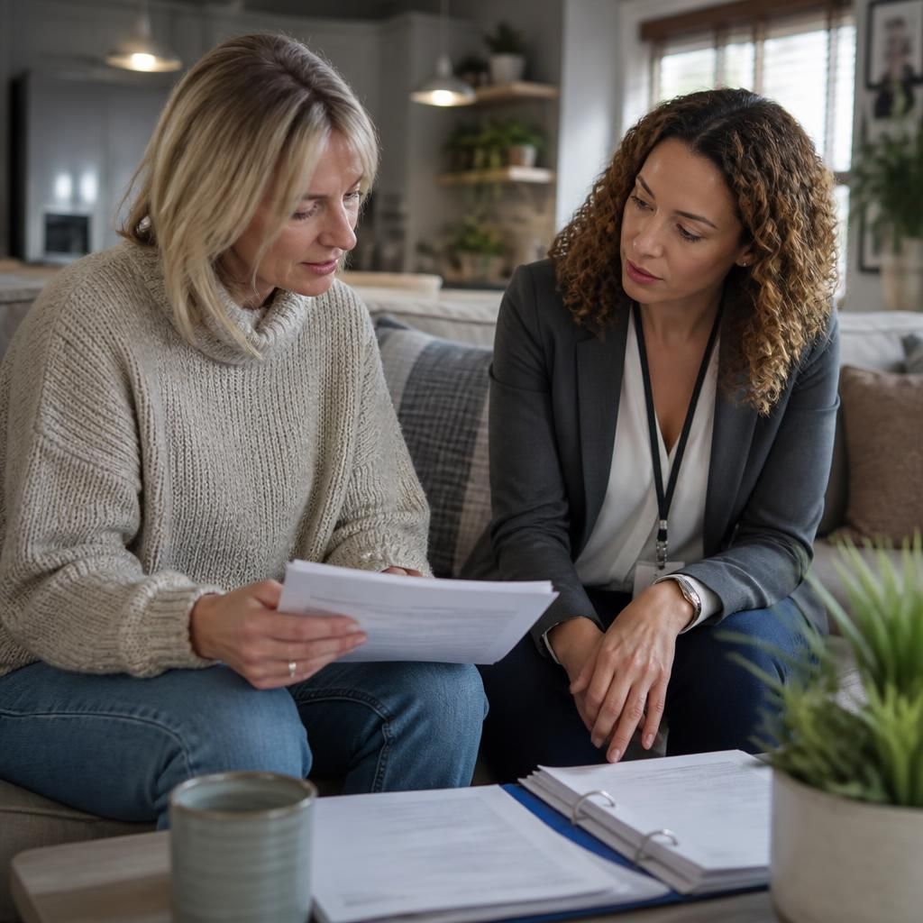 Applicant reviewing fostering assessment paperwork with a social worker at home