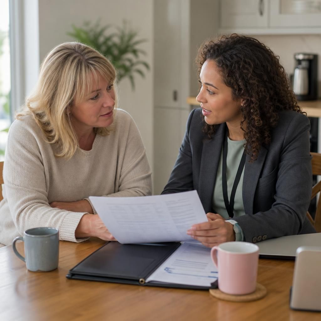 Foster carer discussing placement information with a support worker