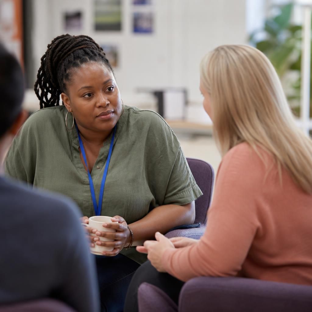 Two foster carers talking together at a support meeting