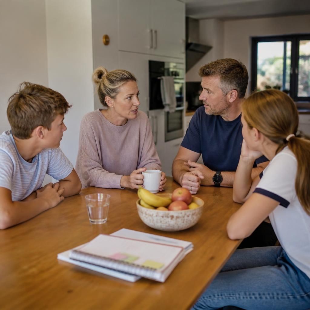 Parents talking with their children at home around a kitchen table