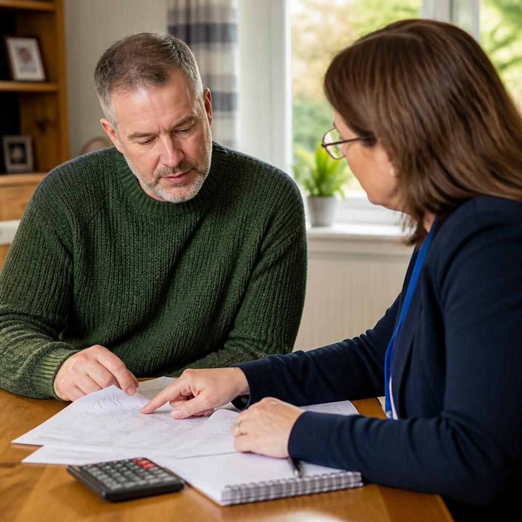 Special guardian reviewing financial assessment documents with a social worker
