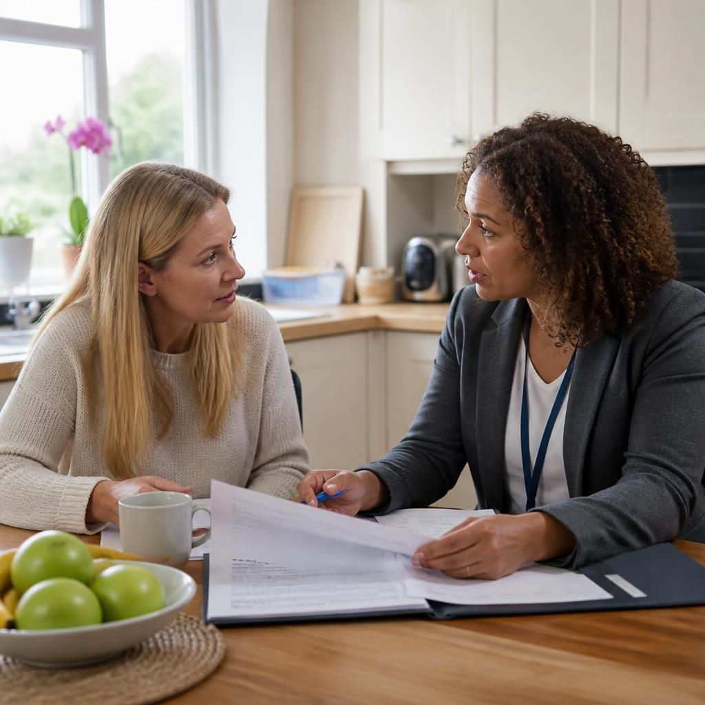 Foster carer discussing placement plans with a social worker at a kitchen table