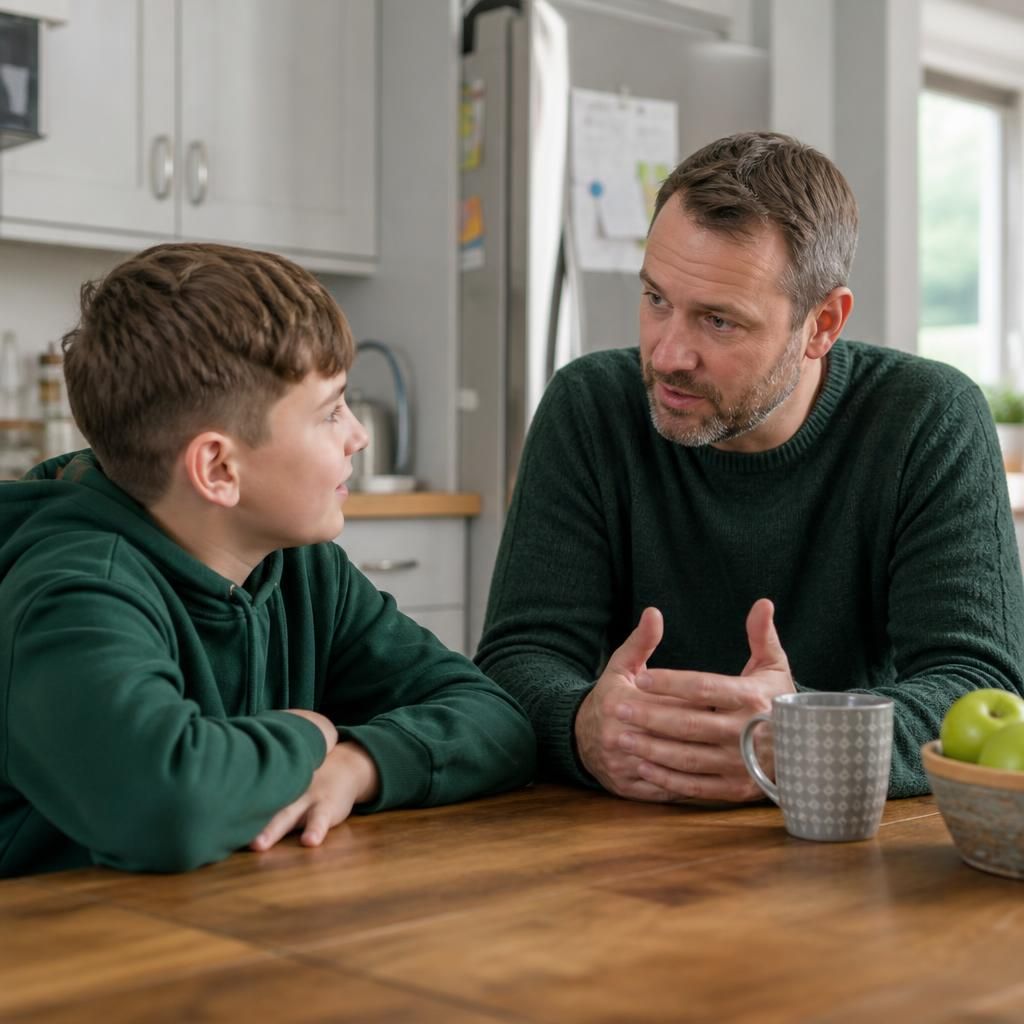 Foster carer and child talking together at a kitchen table