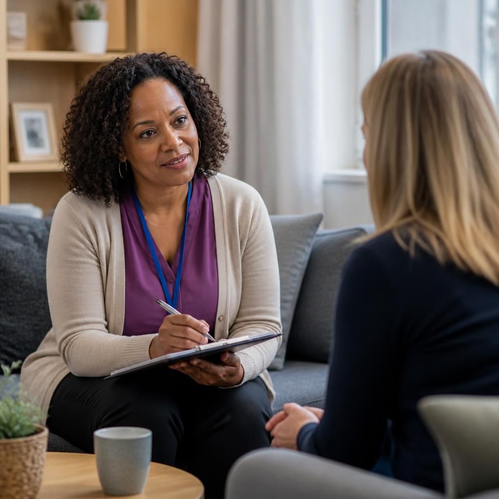 Foster carer speaking with a social worker during an assessment meeting