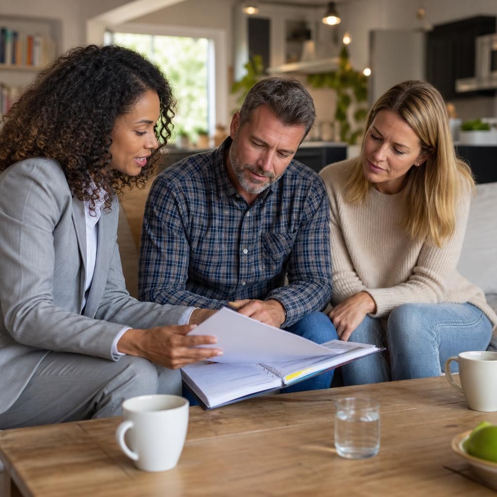 Fostering social worker discussing assessment paperwork with prospective foster carers at home