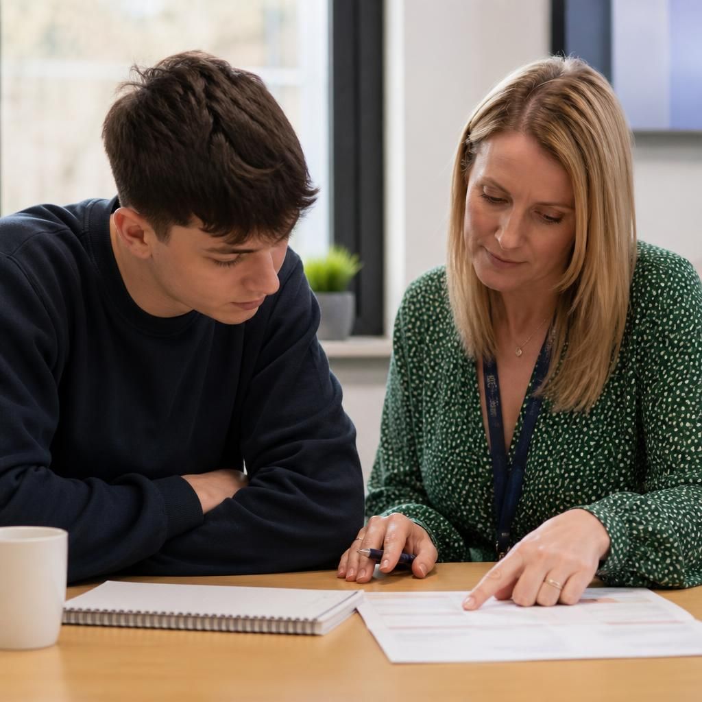 Young person and personal adviser reviewing a pathway plan at a table