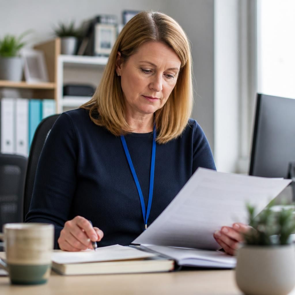Social worker reviewing fostering assessment documents at a desk