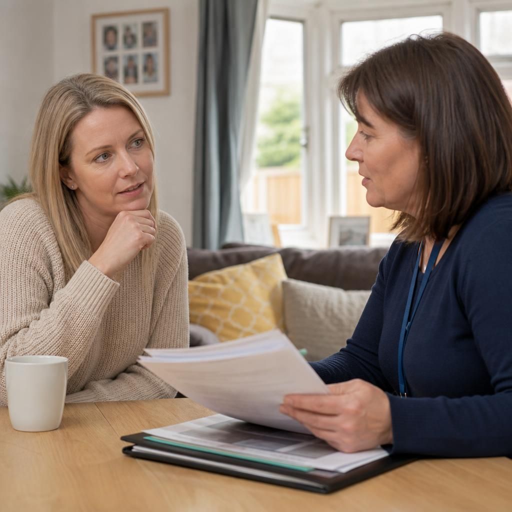 Foster carer discussing a child’s placement information with a social worker