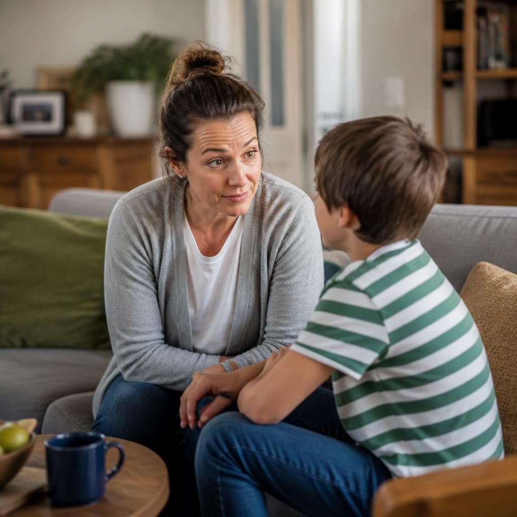 Single adult talking with a child at home