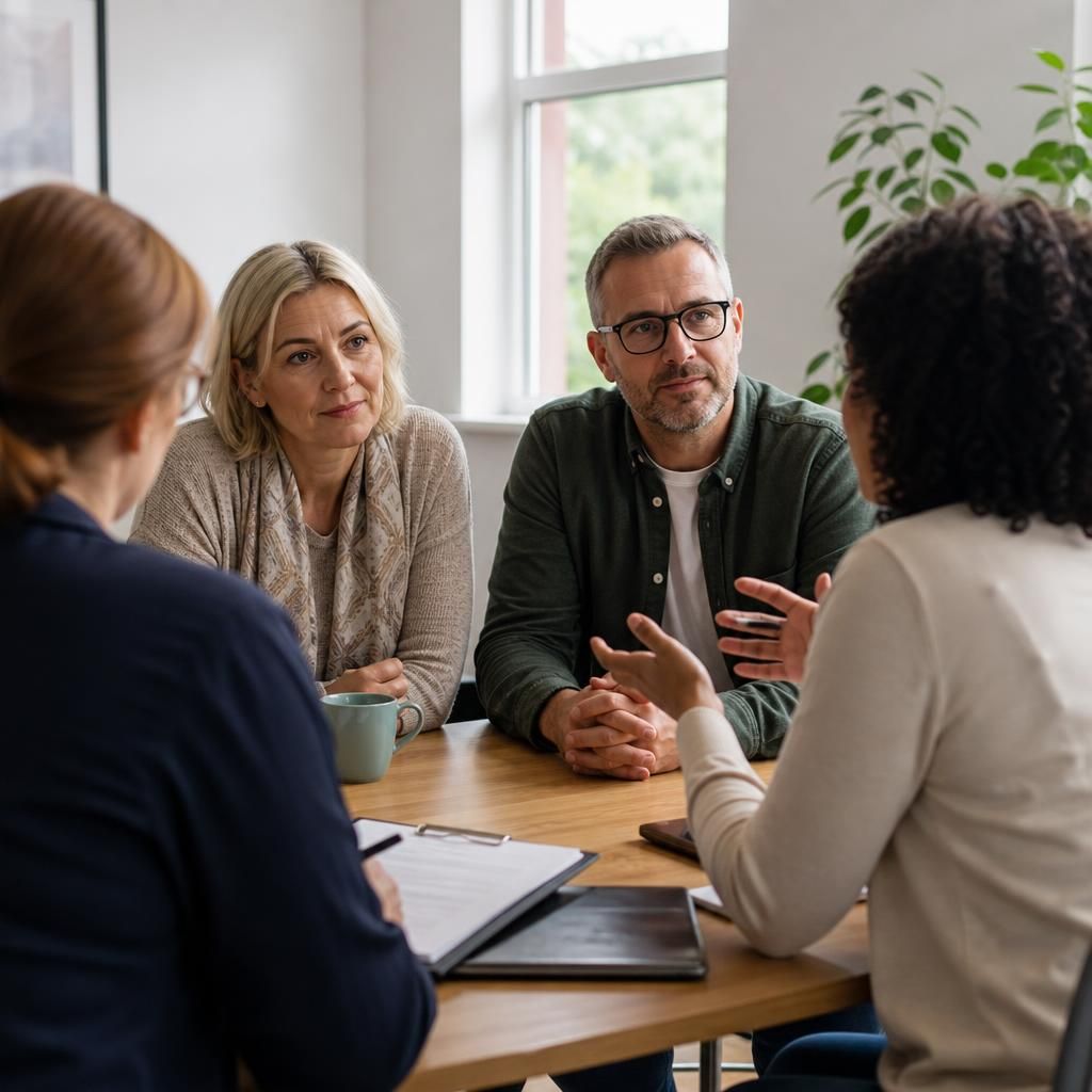 Foster carer discussing a child's care needs with social workers at a matching meeting