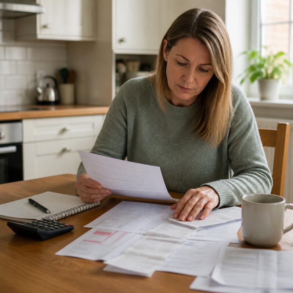 Foster carer reviewing household budget and fostering payment paperwork at a kitchen table