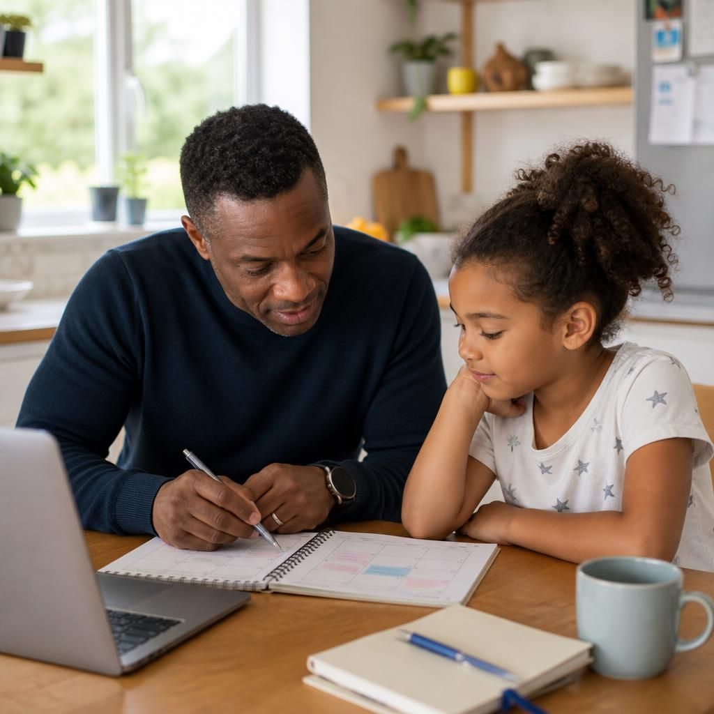 Parent reviewing a work schedule with a child at the kitchen table